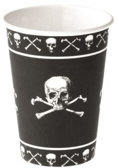 8x stuks zwarte piraten thema drink bekers met doodshoofd 250 ml