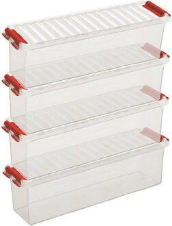 8x Sunware Q-Line opberg boxen/opbergdozen 1,3 liter 27 x 8,4 x 9 cm kunststof - Langwerpige/smalle opslagbox - Opbergbak kunststof transparant/rood