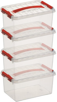 8x Sunware Q-Line opberg boxen/opbergdozen 6 liter 30 x 20 x 14 cm kunststof - Opslagbox - Opbergbak kunststof transparant/rood