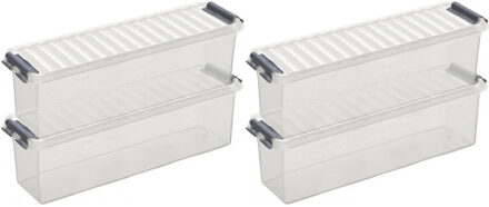 8x Sunware Q-Line opberg boxes/opbergdozen 1,3 liter 27 x 8,4 x 9 cm kunststof - Langwerpige/smalle opslagbox - Opbergbak kunststof transparant/zilver