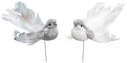 8x Zilveren decoratie vogeltjes met glitters op draad 16 cm - Vogels op stekers - Decoratievogels