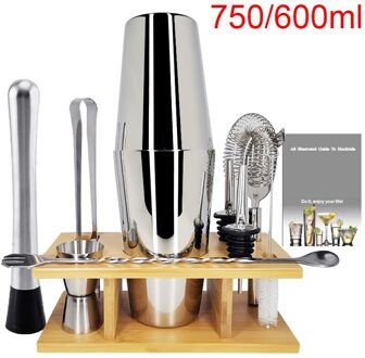 9 Bar Set, Rvs Cocktail Shaker Bar Gereedschap Met Stijlvolle Hout Stand 750600ml Shaker Rack