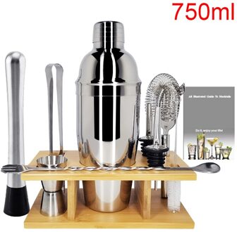 9 Bar Set, Rvs Cocktail Shaker Bar Gereedschap Met Stijlvolle Hout Stand 750ml Shaker Rack