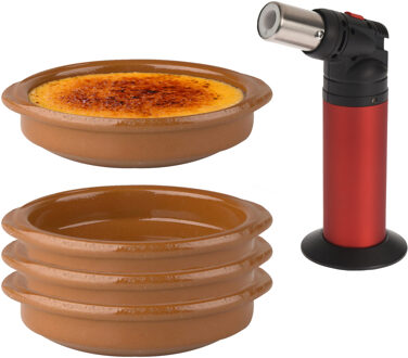 9-Delige creme brulee set met bruine schaaltjes en een rode brander