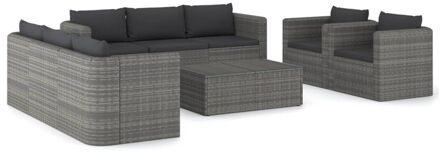 9-delige Loungeset met kussens poly rattan grijs