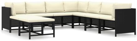 9-delige Loungeset met kussens poly rattan zwart