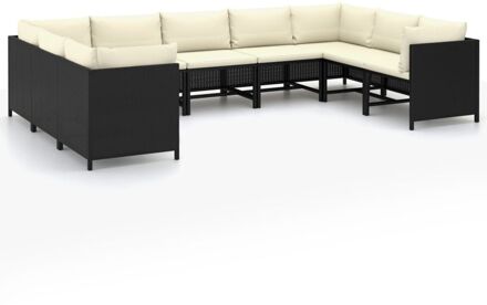 9-delige Loungeset met kussens poly rattan zwart