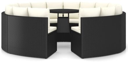 9-delige Loungeset met kussens poly rattan zwart