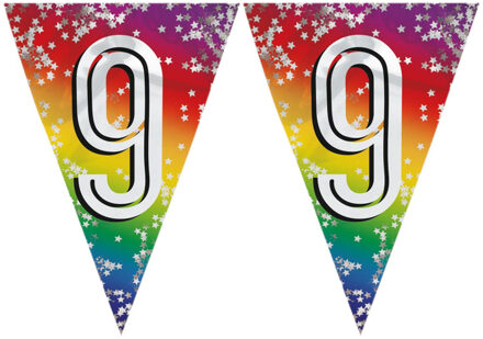9 jaar vlaggenlijn versiering - 2x stuks - vlaggetjes - slinger - 6 meter - kunststof - glitter foli