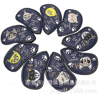 9 Pcs Golf Club Headcovers Cap Cartoon Leuke Luie Kat Cap Beschermhoes Pu Waterdichte Fairway Hybrid Set Vintage Draagbare donker blauw