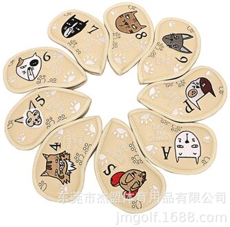 9 Pcs Golf Club Headcovers Cap Cartoon Leuke Luie Kat Cap Beschermhoes Pu Waterdichte Fairway Hybrid Set Vintage Draagbare khaki