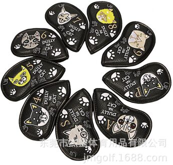 9 Pcs Golf Club Headcovers Cap Cartoon Leuke Luie Kat Cap Beschermhoes Pu Waterdichte Fairway Hybrid Set Vintage Draagbare zwart