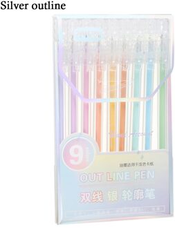 9 Stks/set Dubbele Lijn Overzicht Pen Kleur Magic Contour Metallic Markers Diy Art Schilderij Tekening Leren Schoolbenodigdheden zilver outline