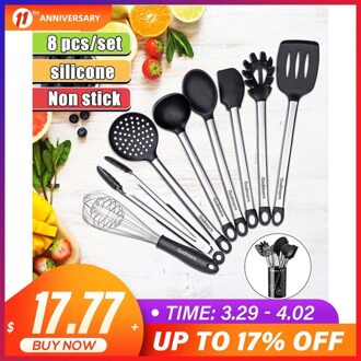 9 Stks/set Kookgerei Sets Koken Gereedschap Rvs Gebruiksvoorwerpen Silicagel Handvat Keukengerei Non-stick Schop Lepel Met Houder