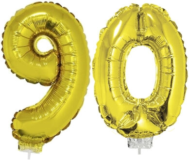90 jaar leeftijd feestartikelen - versiering cijfers - ballonnen op stokje - van 41 cm - goud