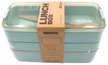 900 Ml Gezonde Materiaal Lunchbox 3 Layer Tarwe Stro Bento Dozen Magnetron Servies Voedsel Opslag Container Lunchbox groen