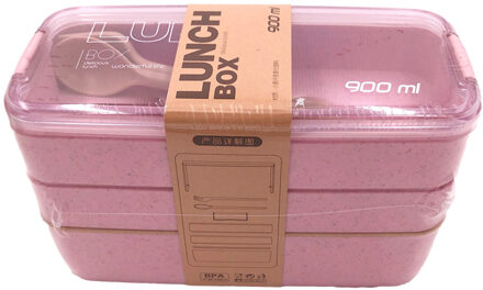 900 Ml Gezonde Materiaal Lunchbox 3 Layer Tarwe Stro Bento Dozen Magnetron Servies Voedsel Opslag Container Lunchbox roze