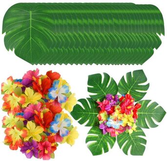 90Pcs Tropische Palm Bladeren En Hibiscus Bloemen, Kunstmatige Bladeren Planten Hibiscus Bloemen Fete Deco, hawaiian Party Jungle Stra