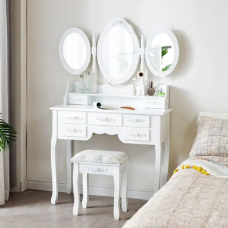 90X40X145cm European Style 7 Drawer Dressing Table With Stool Folding Mirror Beauty Table Solid Wood Leg Makeup Table HWC
