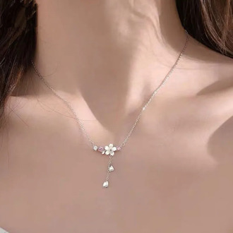 925 Sterling Silver Crystal Shell Cherry blossoms Charm Necklace For Women choker collares Wedding Party Jewelry dz562