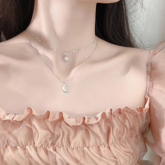 925 sterling silver Double Layer Star Moon Clavicle Chain Necklace Women Girl Cubic Zircon Necklace Gift Party Wedding Jewelry