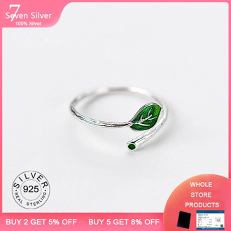 925 Sterling Silver Fresh Sweet green Branch Leaf Temperament Personality Fashion Female Trendy Resizable Opening Rings