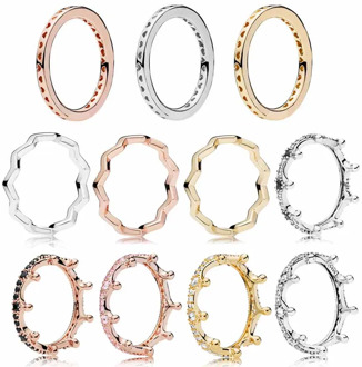 925 Sterling Silver Original 1:1 Rose Golden Enchanted Crown Signature Hearts Timeless Zig Zag Femal Ring DIY Fashion Jewelry