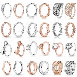 925 Sterling Silver Ring Glittering Feather Bow Knot Galaxy Interwoven Love Daisy Shell Suitable Original Female Party Jewelry