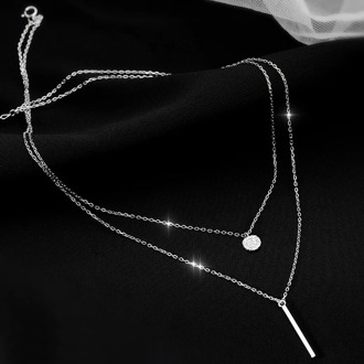 925 Sterling Silver Simple Round CZ Necklace Double Layer Long Strip Pendant Geometric For Women Gift Fine Jewelry Accessories