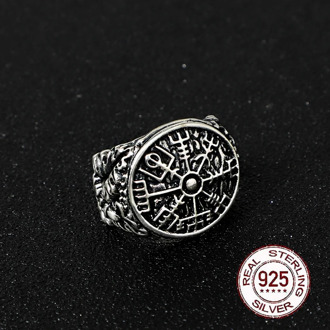 925 sterling silver Viking Vegvisir rune Shield adjustable ring with vintage viking wood box as gift