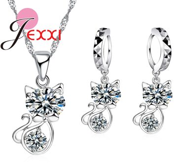 925 Sterling Zilver Zirconia Bruiloft Sieraden Sets Aaa Cz Crystal Leuke Dier Kat Ketting Oorbellen Vrouwen Kraag