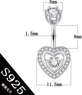 925 sterling zilveren lichaam sieraden vrouwen hart belly button ring zirkoon niet allergisch pure echte body piercing sieraden PIN length 8mm