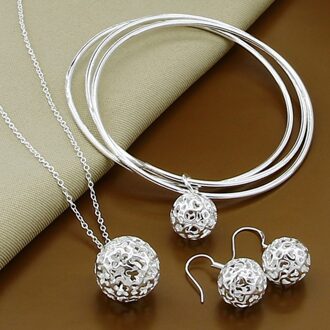 925 Sterling Zilveren Mode Eenvoudige Ronde Bal Ketting Armbanden Oorbellen Sieraden Set Voor Vrouwen Mannen