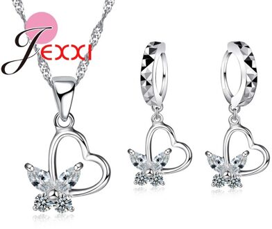 925 Sterling Zilveren Sieraden Set Cz Crystal Liefde Hart Mooie Vlinder Hanger Ketting & Earring Wedding Party Decoratie