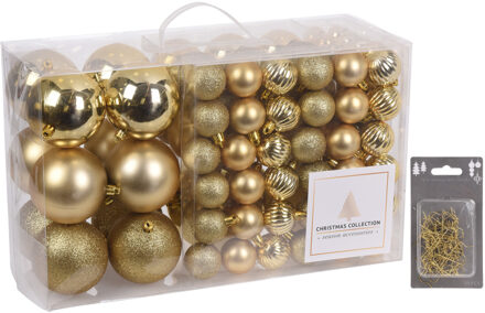 94-Delige kerstboomversiering kunststof kerstballen set goud incl. 100x ophanghaakjes - Kerstbal Goudkleurig