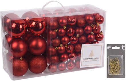 94-Delige kerstboomversiering kunststof kerstballen set rood incl. 100x ophanghaakjes - Kerstbal