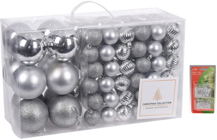 94-Delige kerstboomversiering kunststof kerstballen set zilver incl. 150x ophanghaakjes - Kerstbal Zilverkleurig