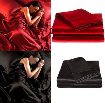 95gsm 4 Stuks Luxe Satijn Zijde Zachte Queen Bed Uitgerust Laken Set-Rood Zwart 10 zwart / King