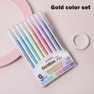 9Pcs Line Out Schilder Art Marker Pennen Set 2 Line Glitter Liner Markeerstift Overzicht Belettering Tekening Dagboek Thuis Diy school A6941 gouden kleur reeks