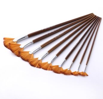 9Pcs Nylon Haar Fan Vormige Aquarel Penseel Set Bruin Houten Handvat Gouache Borstels Voor School Schilderen Borstel Art levert
