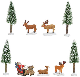 9x stuks kerstdorp accessoires rendier en kerstboompjes Multi