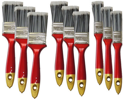 9x Verfkwasten plat synthetisch - Verf/schilder kwasten - met rood houten handvat