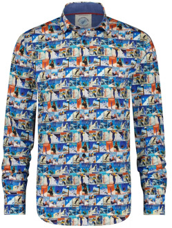 A FISH NAMED FRED Blauw Geprint Casual Overhemd A fish named Fred , Blue , Heren - XL