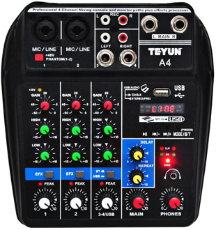A4 Sound Mixing Console Bluetooth USB Record Computer Playback 48V Phantom Power Delay Repaeat Effect 4 Channels USB Audio Mixer