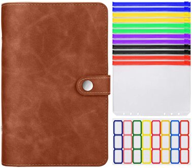 A6 Lederen Bindmiddel Cover Met Plastic Zakken 6 Ring Soft Navulbare Notebook Bindmiddel 12 Gekleurde Clear Rits Envelop Voor Budget bruin