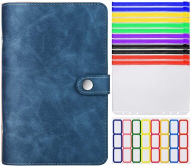 A6 Lederen Bindmiddel Cover Met Plastic Zakken 6 Ring Soft Navulbare Notebook Bindmiddel 12 Gekleurde Clear Rits Envelop Voor Budget jean blauw