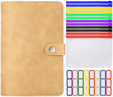 A6 Lederen Bindmiddel Cover Met Plastic Zakken 6 Ring Soft Navulbare Notebook Bindmiddel 12 Gekleurde Clear Rits Envelop Voor Budget khaki