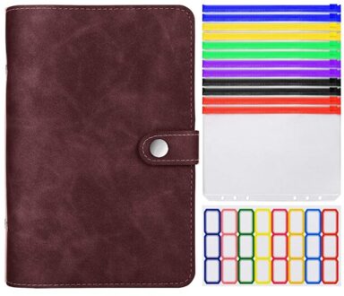 A6 Lederen Bindmiddel Cover Met Plastic Zakken 6 Ring Soft Navulbare Notebook Bindmiddel 12 Gekleurde Clear Rits Envelop Voor Budget koffie