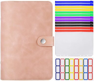 A6 Lederen Bindmiddel Cover Met Plastic Zakken 6 Ring Soft Navulbare Notebook Bindmiddel 12 Gekleurde Clear Rits Envelop Voor Budget roze