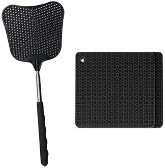 AA99 -2x Muggen En Vliegen Doden Plastic Vliegenmepper & 6x Siliconen Pads, non Slip/Hittebestendige Pannenlap